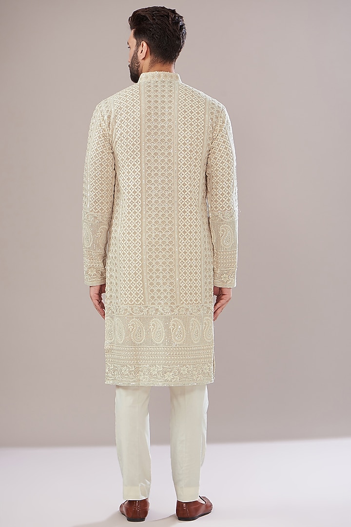 Ivory Georgette Embroidered Lucknowi Kurta Set by Kasbah Clothing at Pernia's Pop Up Shop