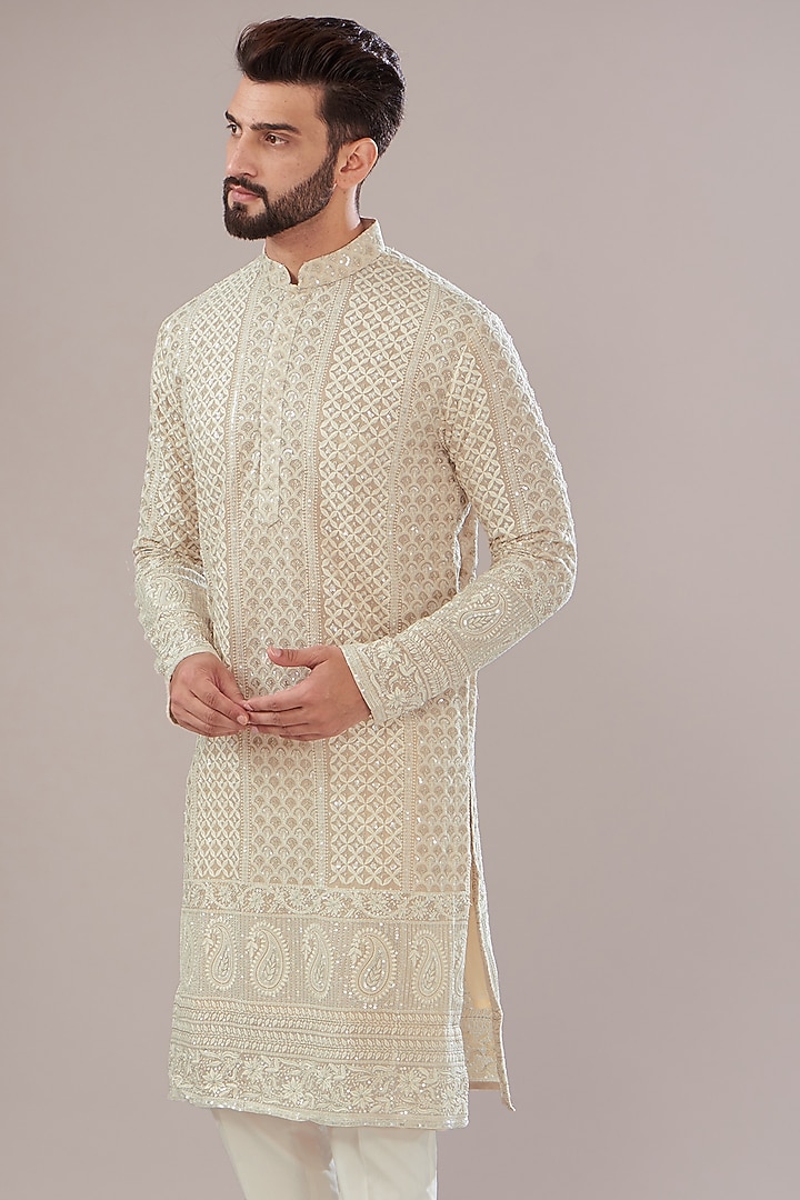 Ivory Georgette Embroidered Lucknowi Kurta Set by Kasbah Clothing at Pernia's Pop Up Shop