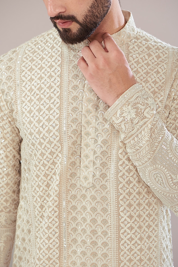 Ivory Georgette Embroidered Lucknowi Kurta Set by Kasbah Clothing at Pernia's Pop Up Shop