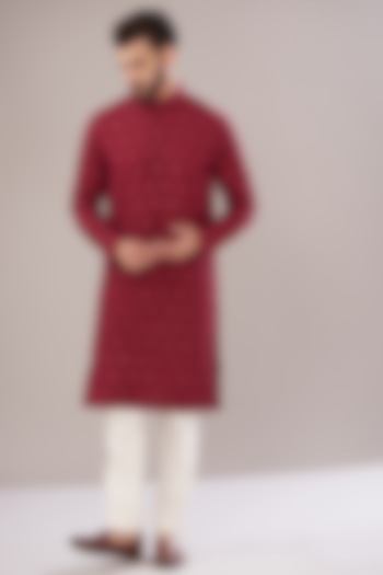 Red Silk Embroidered Kurta Set by Kasbah Clothing