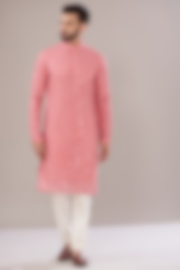 Coral Pink Georgette Embroidered Kurta Set by Kasbah Clothing