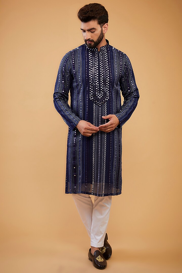 Navy Blue Georgette Mirror Hand Embroidered Kurta by Kasbah Clothing at Pernia's Pop Up Shop