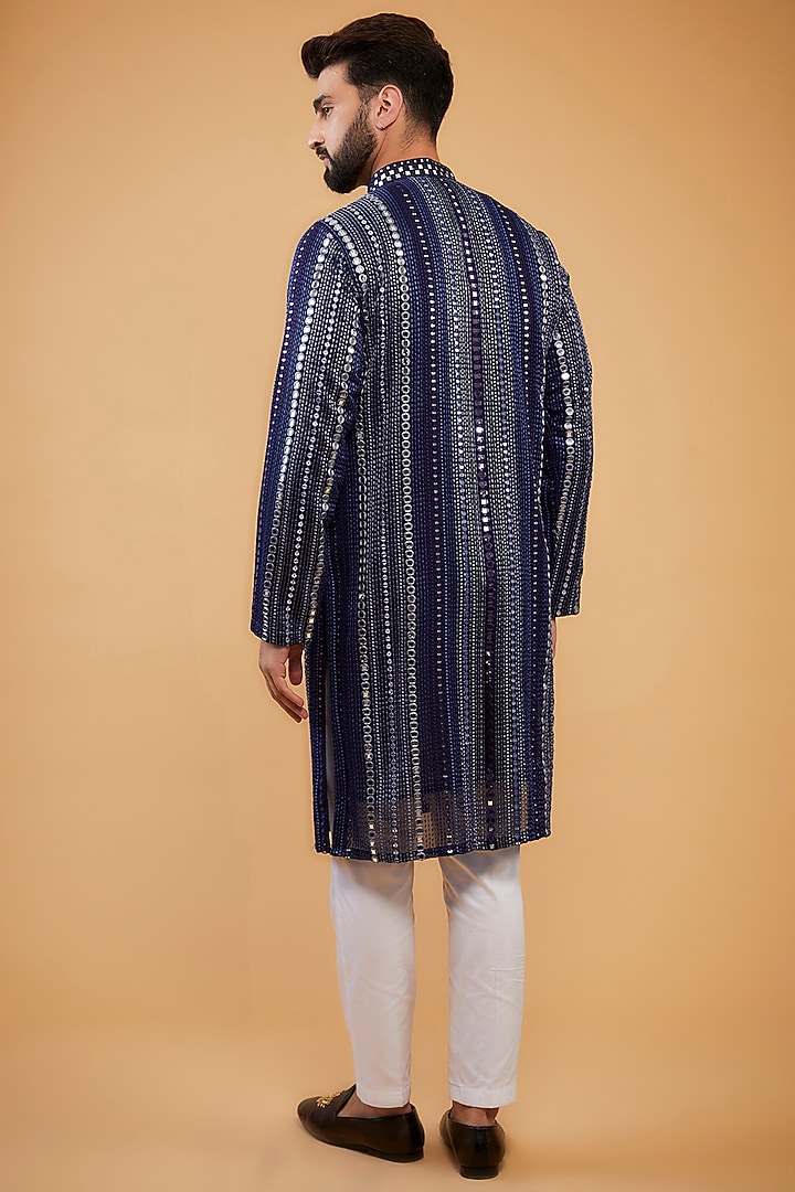 Navy Blue Georgette Mirror Hand Embroidered Kurta by Kasbah Clothing at Pernia's Pop Up Shop