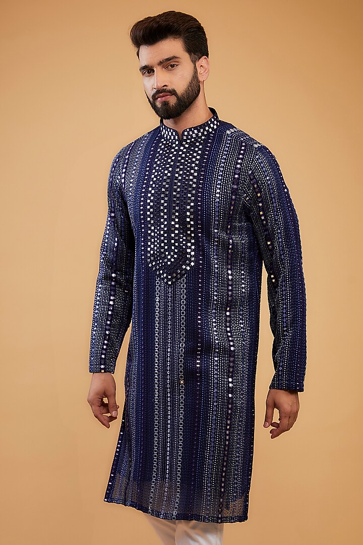 Navy Blue Georgette Mirror Hand Embroidered Kurta by Kasbah Clothing at Pernia's Pop Up Shop
