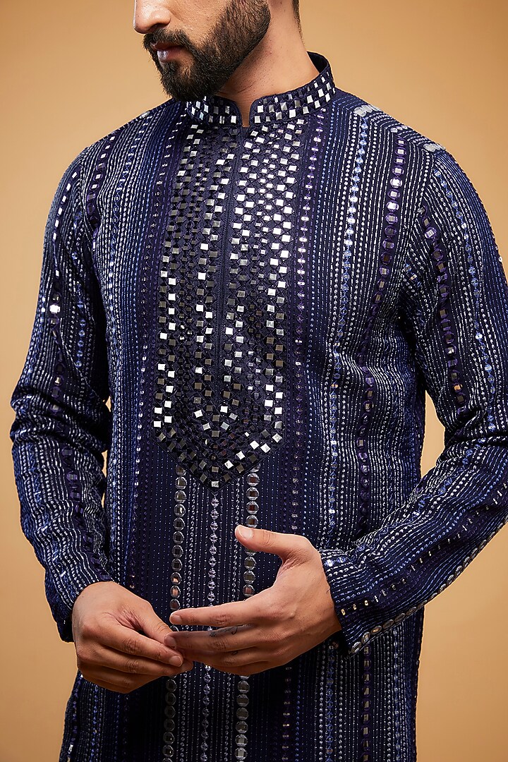 Navy Blue Georgette Mirror Hand Embroidered Kurta by Kasbah Clothing at Pernia's Pop Up Shop