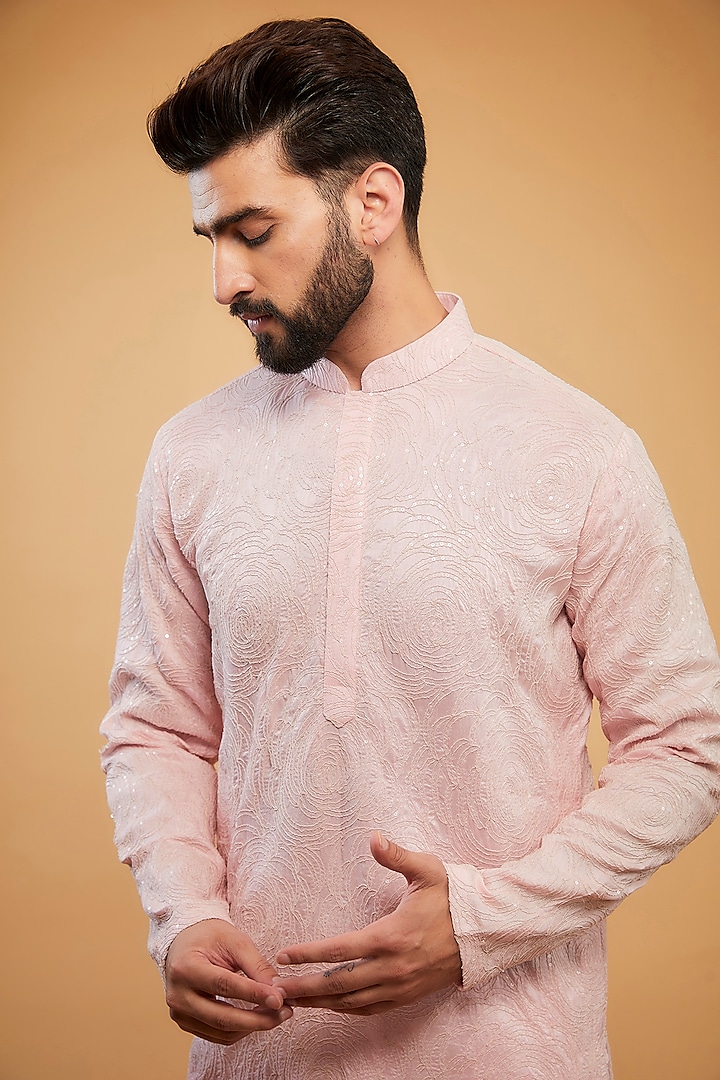 Pink Ombre Chikankari Sequin Embroidered Kurta by Kasbah Clothing at Pernia's Pop Up Shop