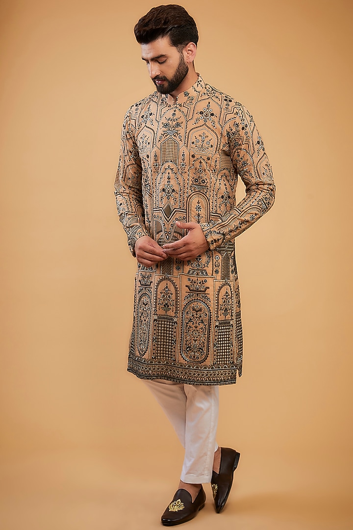 Dark Beige & Mouse Shaded Chikankari Kashmiri Embroidered Kurta by Kasbah Clothing at Pernia's Pop Up Shop