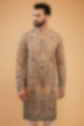 Dark Beige & Mouse Shaded Chikankari Kashmiri Embroidered Kurta by Kasbah Clothing