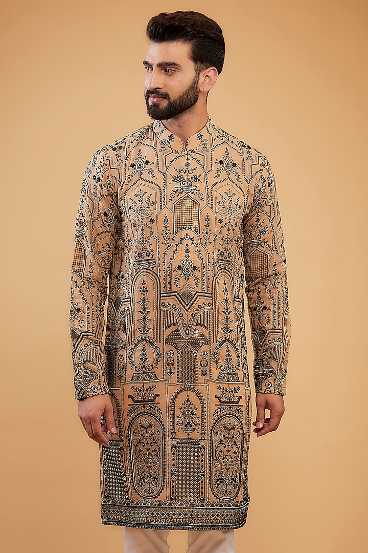 Dark Beige & Mouse Shaded Chikankari Kashmiri Embroidered Kurta by Kasbah Clothing