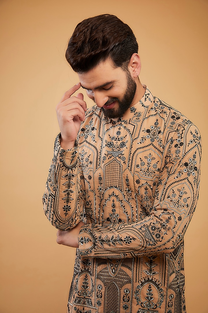 Dark Beige & Mouse Shaded Chikankari Kashmiri Embroidered Kurta by Kasbah Clothing at Pernia's Pop Up Shop