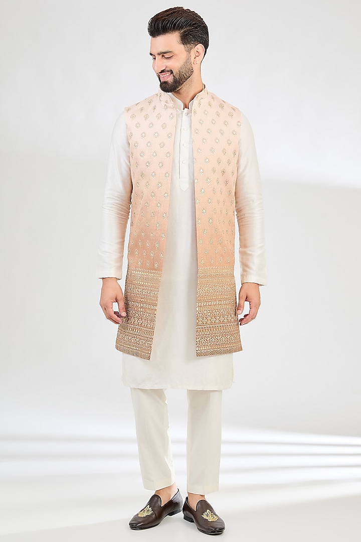 Coral Peach Ombre Silk Zari Embroidered Nehru Jacket by Kasbah Clothing