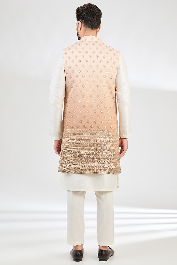 Coral Peach Ombre Silk Zari Embroidered Nehru Jacket by Kasbah Clothing at Pernia's Pop Up Shop