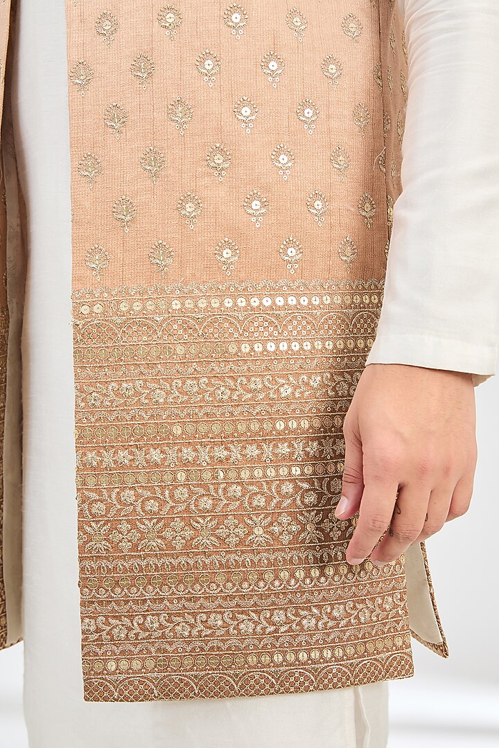 Coral Peach Ombre Silk Zari Embroidered Nehru Jacket by Kasbah Clothing at Pernia's Pop Up Shop