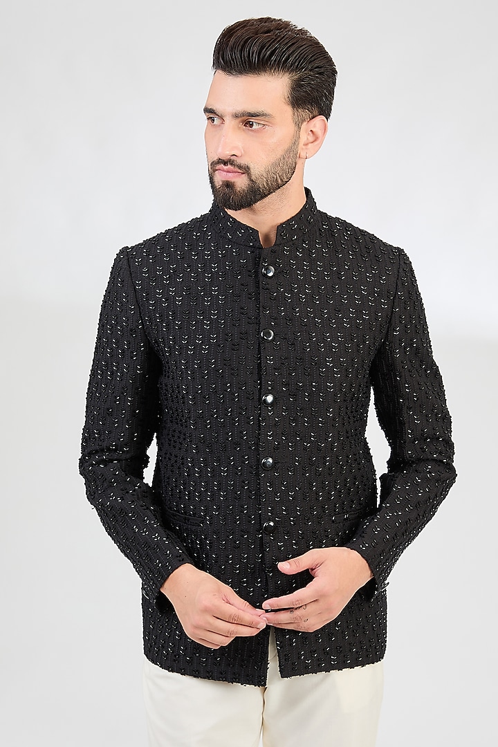 Black Silk Cutdana Embellished Bandhgala Jacket by Kasbah Clothing