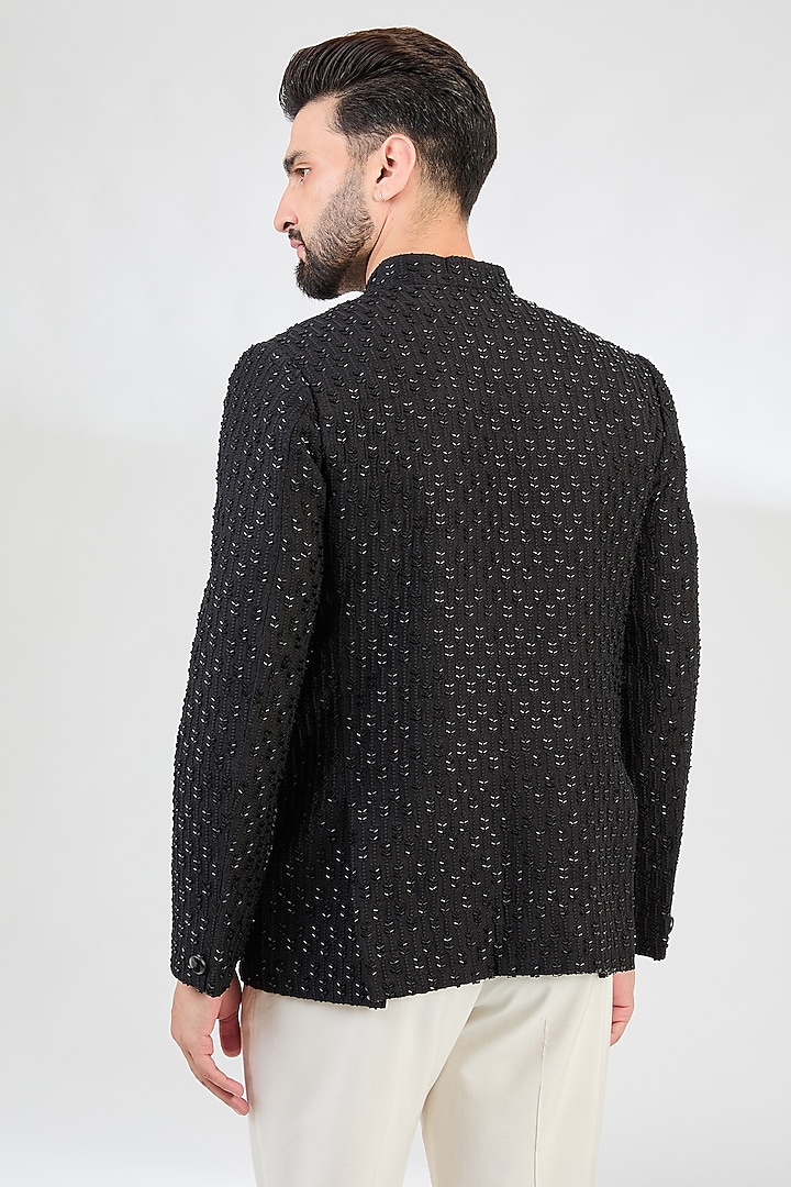 Black Silk Cutdana Embellished Wedding Bandhgala Jacket by Kasbah Clothing at Pernia's Pop Up Shop