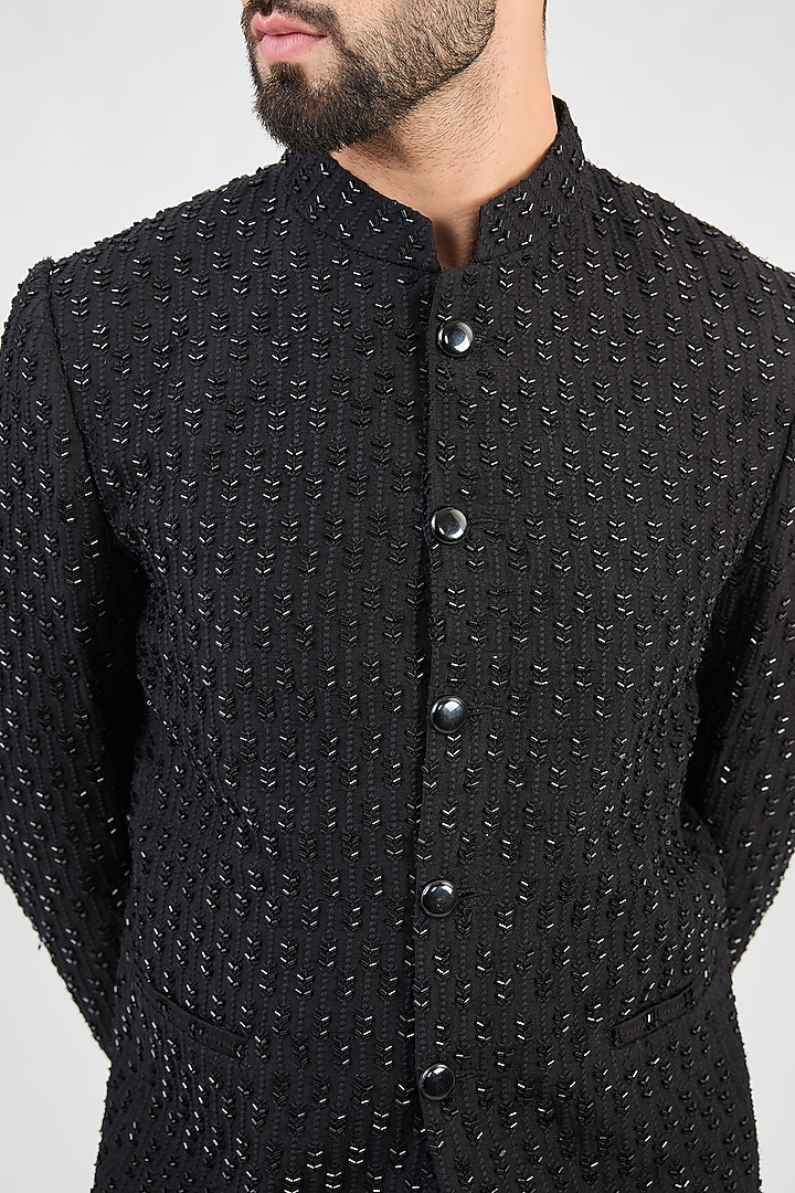 Black Silk Cutdana Embellished Wedding Bandhgala Jacket by Kasbah Clothing at Pernia's Pop Up Shop