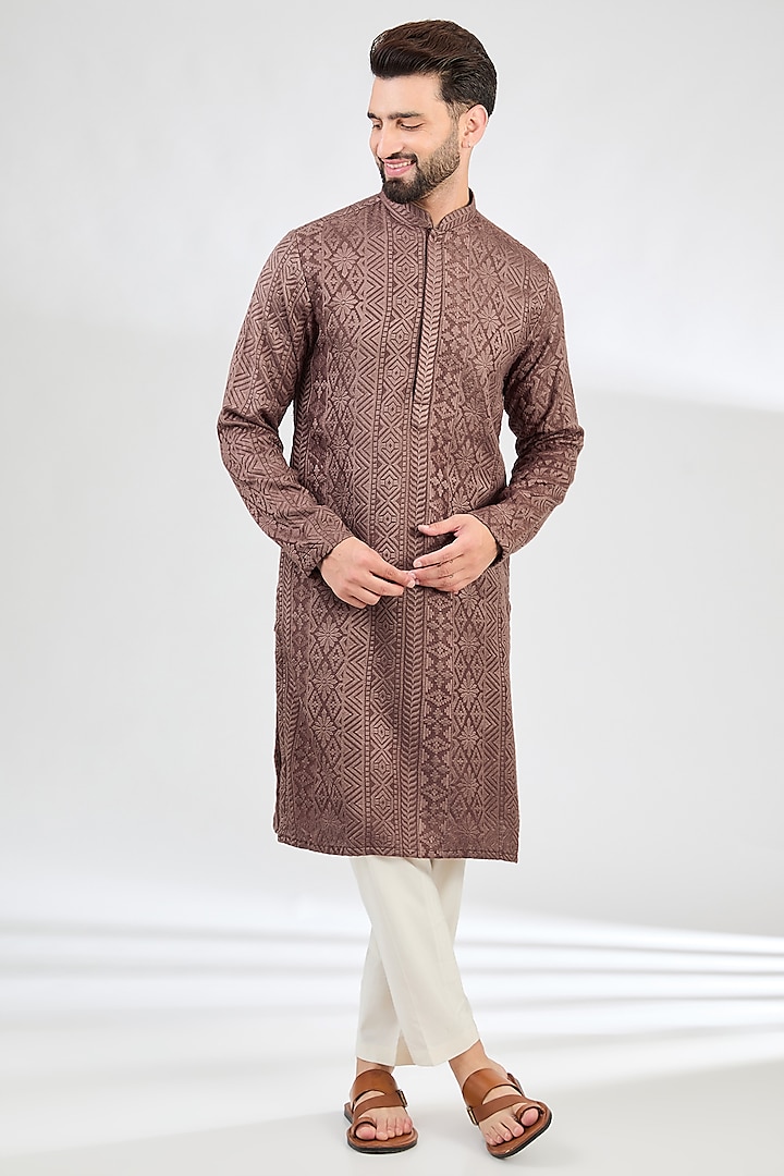 Mauve-Taupe Silk Thread Embroidered Chikankari Kurta by Kasbah Clothing