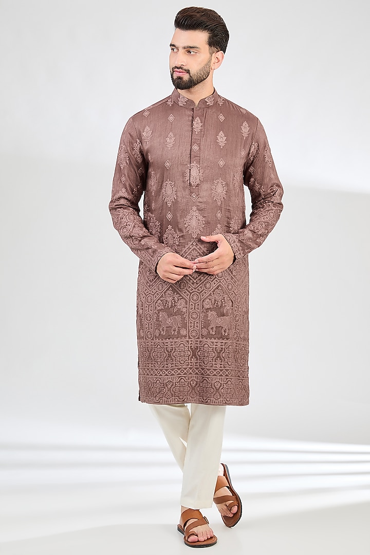 Mauve-Taupe Silk Chikankari Kurta by Kasbah Clothing