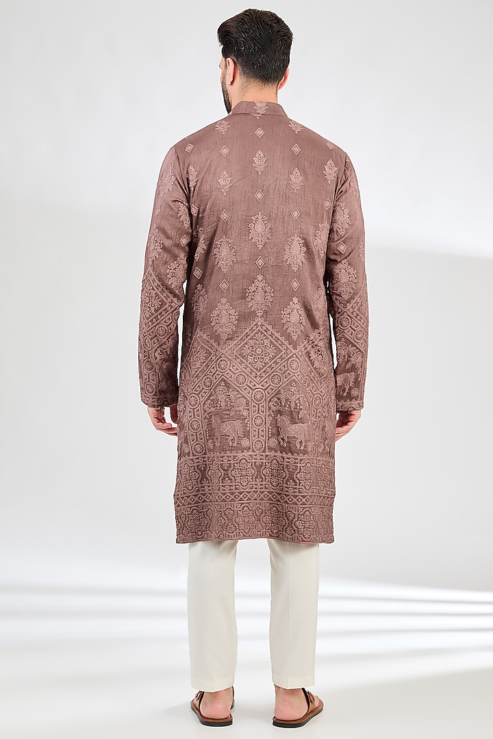 Mauve-Taupe Silk Chikankari Kurta by Kasbah Clothing at Pernia's Pop Up Shop