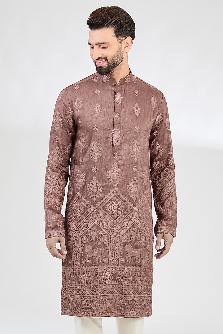 Mauve-Taupe Silk Chikankari Kurta by Kasbah Clothing at Pernia's Pop Up Shop