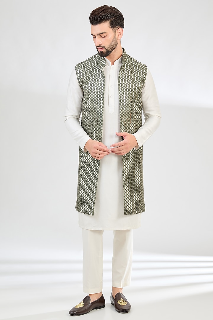 Military Green Silk Mirror Work Indowestern Jacket by Kasbah Clothing at Pernia's Pop Up Shop