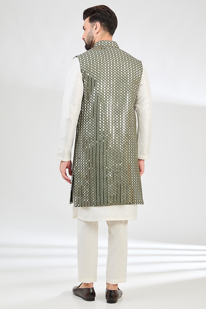 Military Green Silk Mirror Work Indowestern Jacket by Kasbah Clothing at Pernia's Pop Up Shop