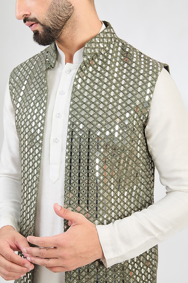 Military Green Silk Mirror Work Indowestern Jacket by Kasbah Clothing at Pernia's Pop Up Shop