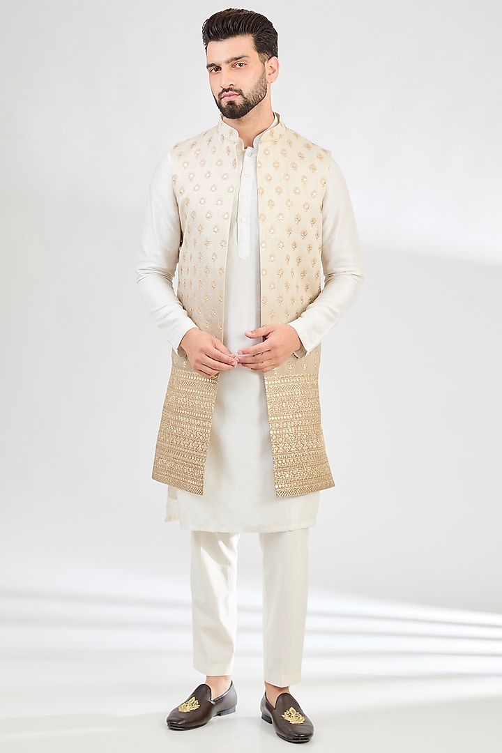 Greyish-Green Ombre Silk Zari Embroidered Nehru Jacket by Kasbah Clothing at Pernia's Pop Up Shop