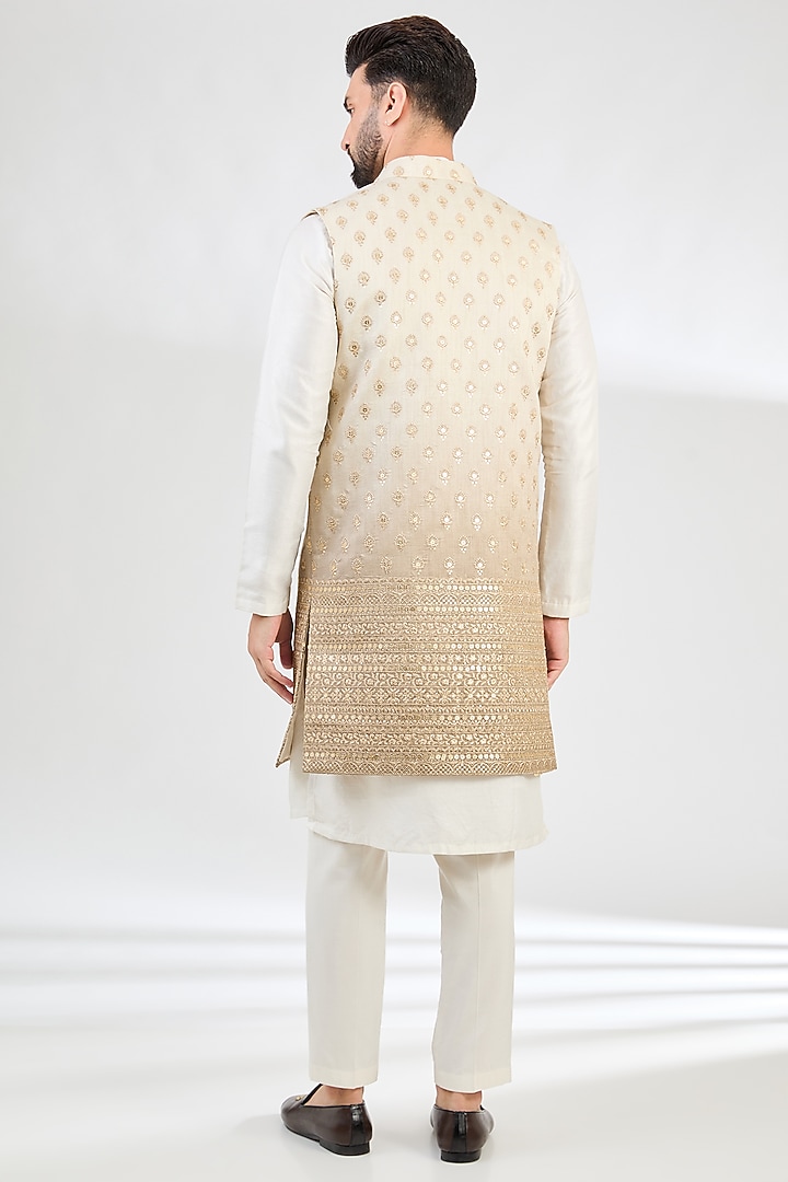 Greyish-Green Ombre Silk Zari Embroidered Nehru Jacket by Kasbah Clothing at Pernia's Pop Up Shop