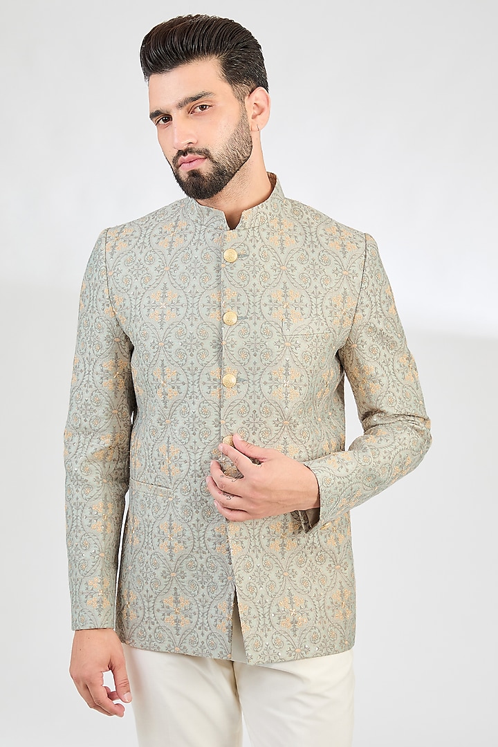 Mint Green Chanderi Thread Embroidered Bandhgala Jacket by Kasbah Clothing