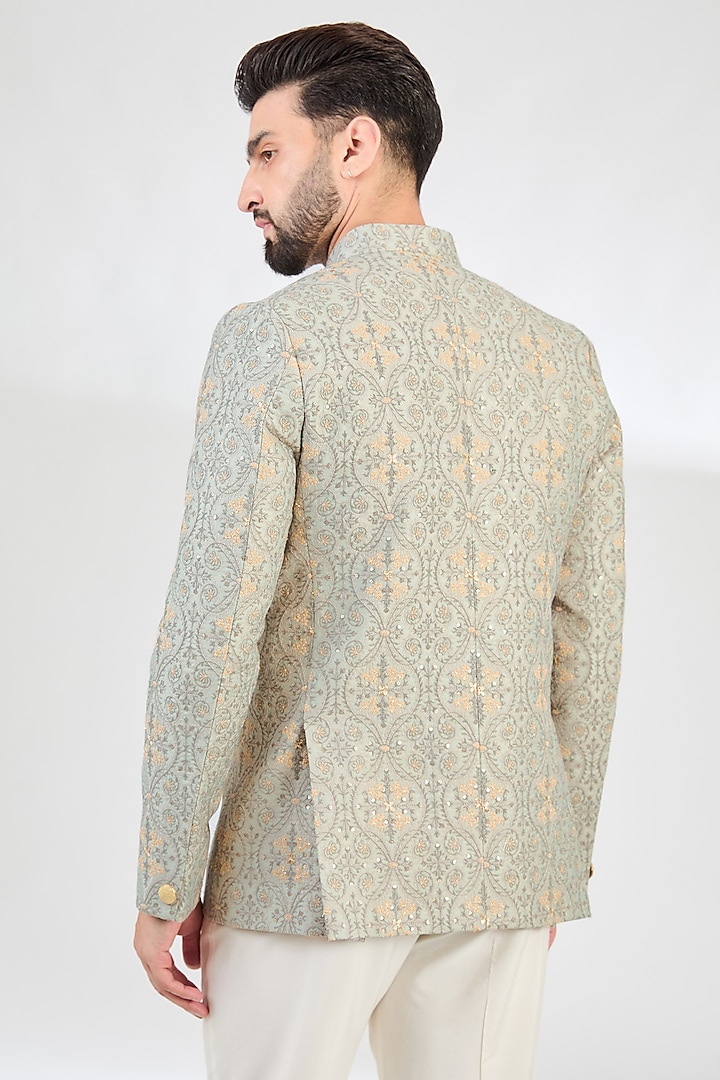 Mint Green Chanderi Thread Embroidered Wedding Bandhgala Jacket by Kasbah Clothing at Pernia's Pop Up Shop
