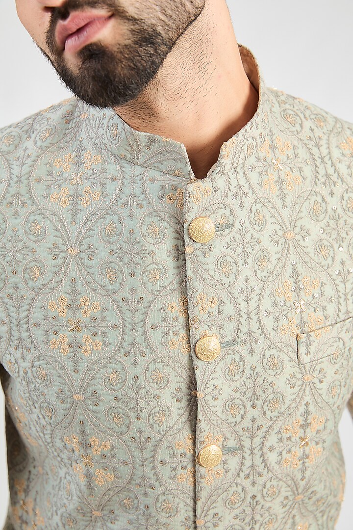 Mint Green Chanderi Thread Embroidered Wedding Bandhgala Jacket by Kasbah Clothing at Pernia's Pop Up Shop