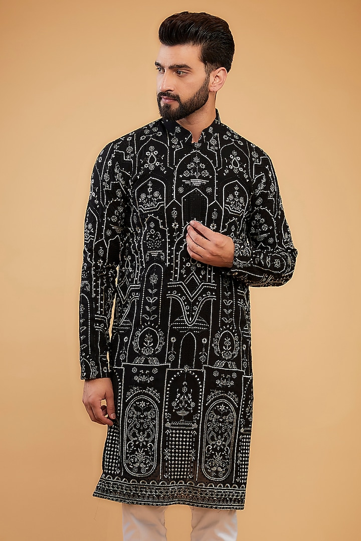 Black Chikankari Kashmiri Embroidered Kurta by Kasbah Clothing at Pernia's Pop Up Shop