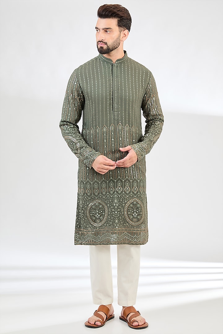 Military Green Georgette Sequins Embroidered Chikankari Kurta by Kasbah Clothing