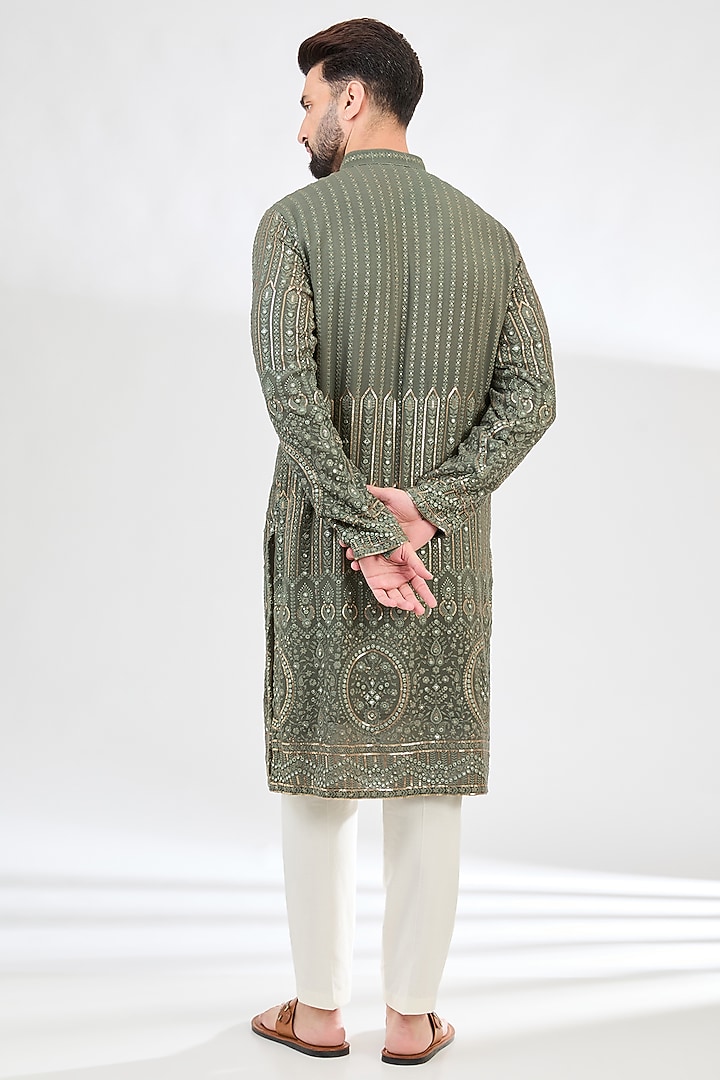 Military Green Georgette Sequins Embroidered Chikankari Kurta by Kasbah Clothing at Pernia's Pop Up Shop
