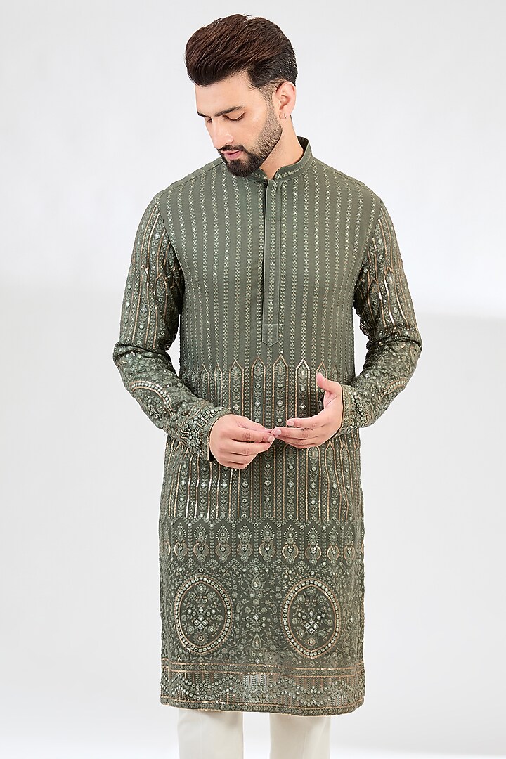 Military Green Georgette Sequins Embroidered Chikankari Kurta by Kasbah Clothing at Pernia's Pop Up Shop