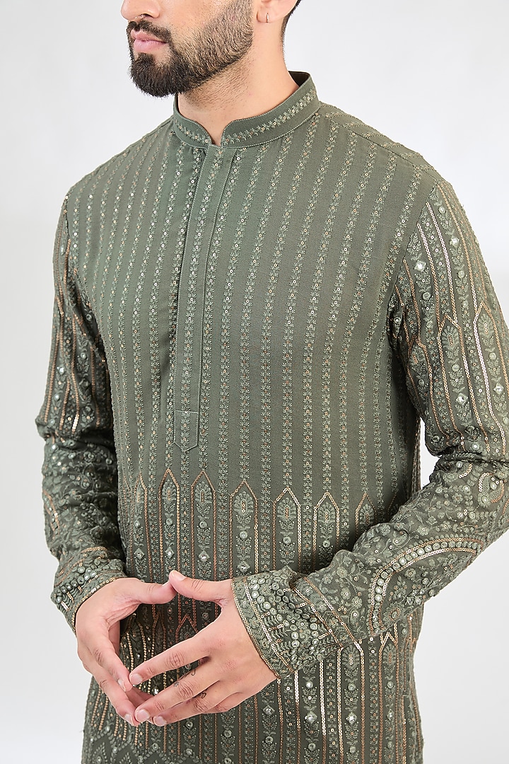 Military Green Georgette Sequins Embroidered Chikankari Kurta by Kasbah Clothing at Pernia's Pop Up Shop