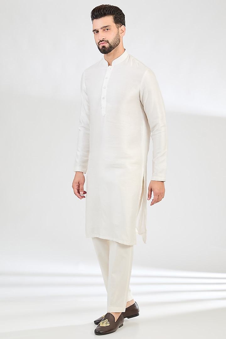 Pearl White Silk Dupion Kurta Set by Kasbah Clothing at Pernia's Pop Up Shop