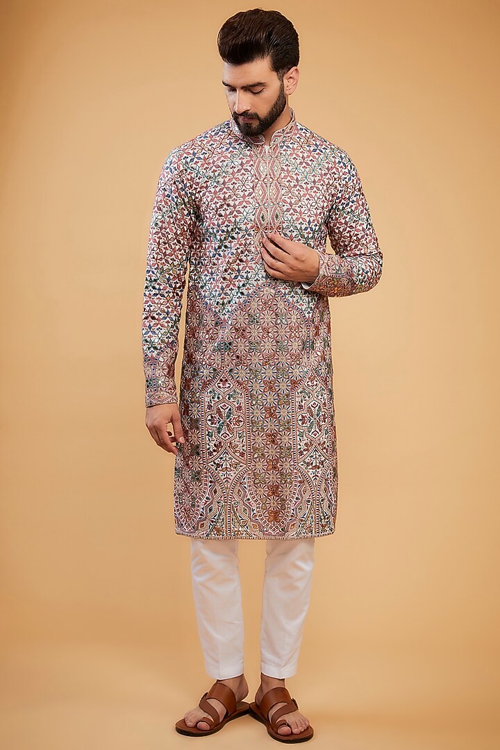 Multi-Colored Chikankari Leather Patch Work Kurta by Kasbah Clothing at Pernia's Pop Up Shop
