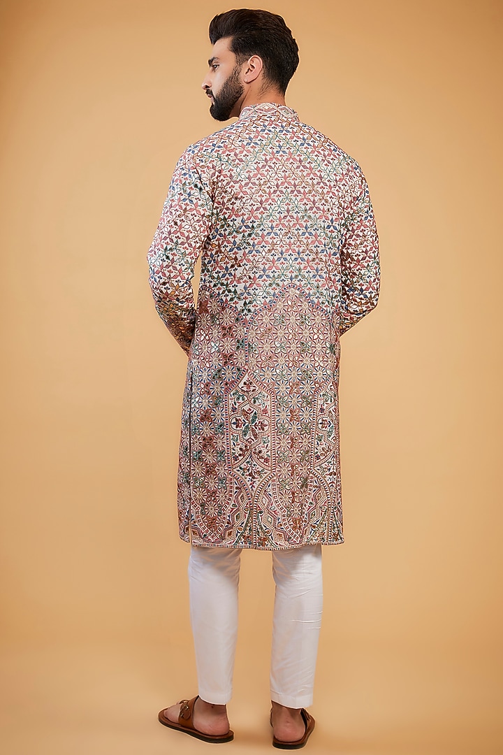 Multi-Colored Chikankari Leather Patch Work Kurta by Kasbah Clothing at Pernia's Pop Up Shop