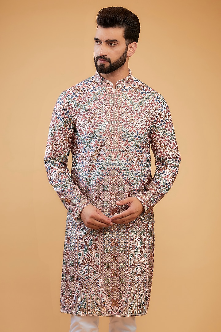 Multi-Colored Chikankari Leather Patch Work Kurta by Kasbah Clothing at Pernia's Pop Up Shop