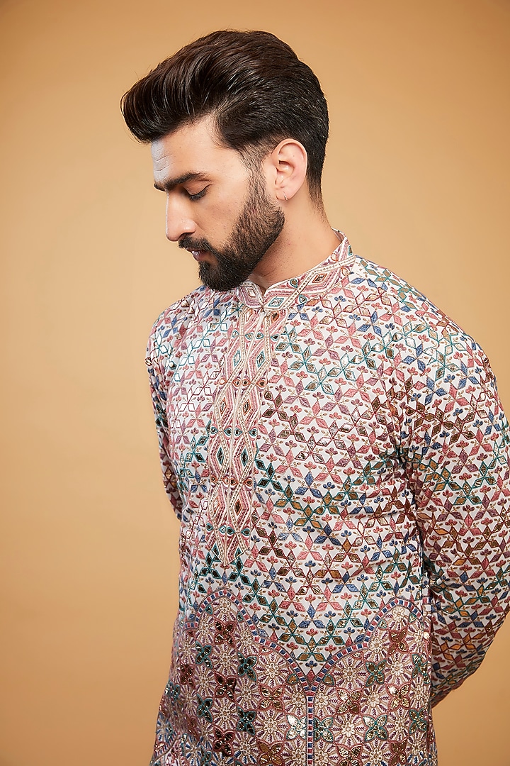 Multi-Colored Chikankari Leather Patch Work Kurta by Kasbah Clothing at Pernia's Pop Up Shop