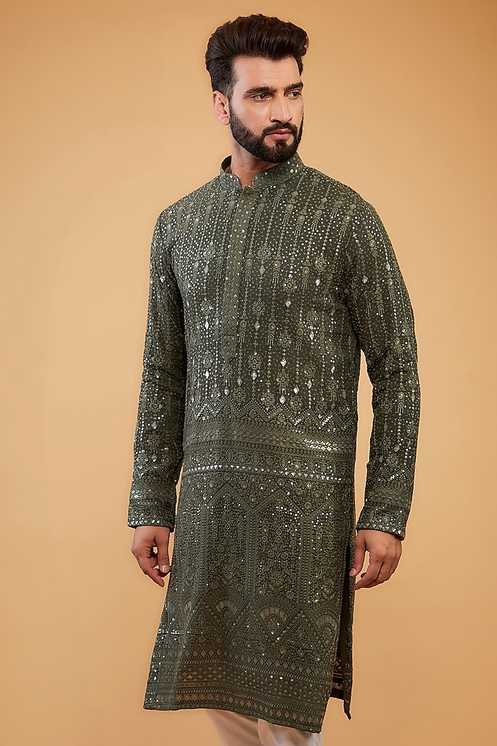 Military Green Georgette Sequin Embroidered Kurta by Kasbah Clothing