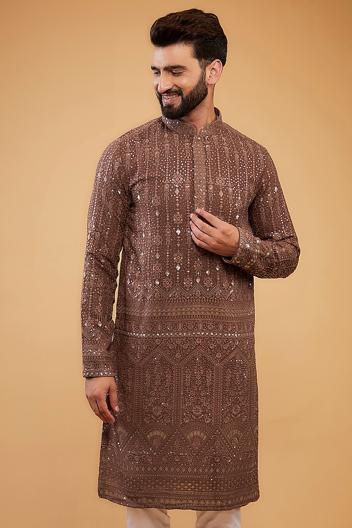 Mauve-Taupe Georgette Sequin Embroidered Kurta by Kasbah Clothing