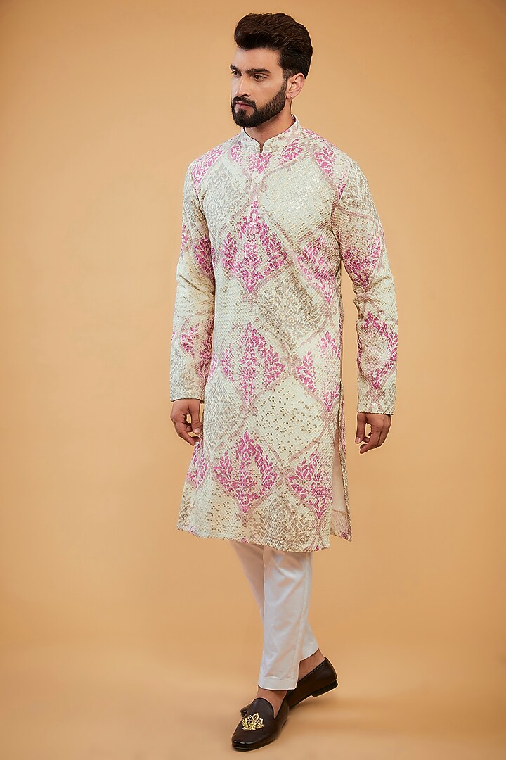 Cream & Pink Chikankari Printed & Embroidered Kurta by Kasbah Clothing at Pernia's Pop Up Shop