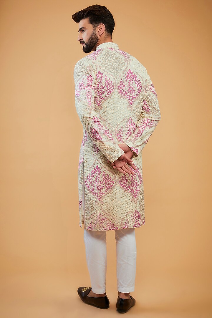Cream & Pink Chikankari Printed & Embroidered Kurta by Kasbah Clothing at Pernia's Pop Up Shop
