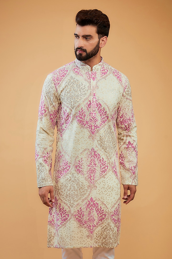 Cream & Pink Chikankari Printed & Embroidered Kurta by Kasbah Clothing