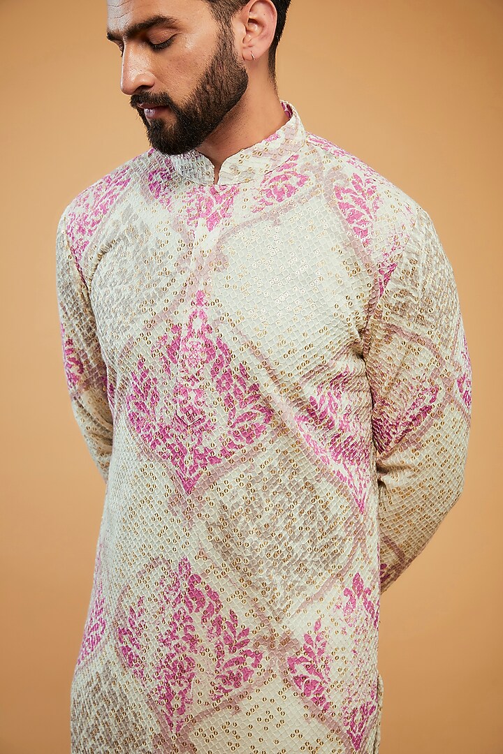 Cream & Pink Chikankari Printed & Embroidered Kurta by Kasbah Clothing at Pernia's Pop Up Shop