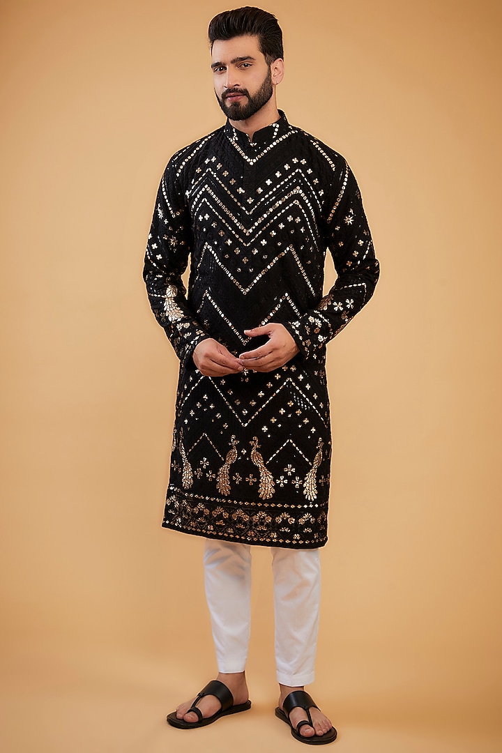 Black Georgette Floral Thread Work Kurta by Kasbah Clothing at Pernia's Pop Up Shop