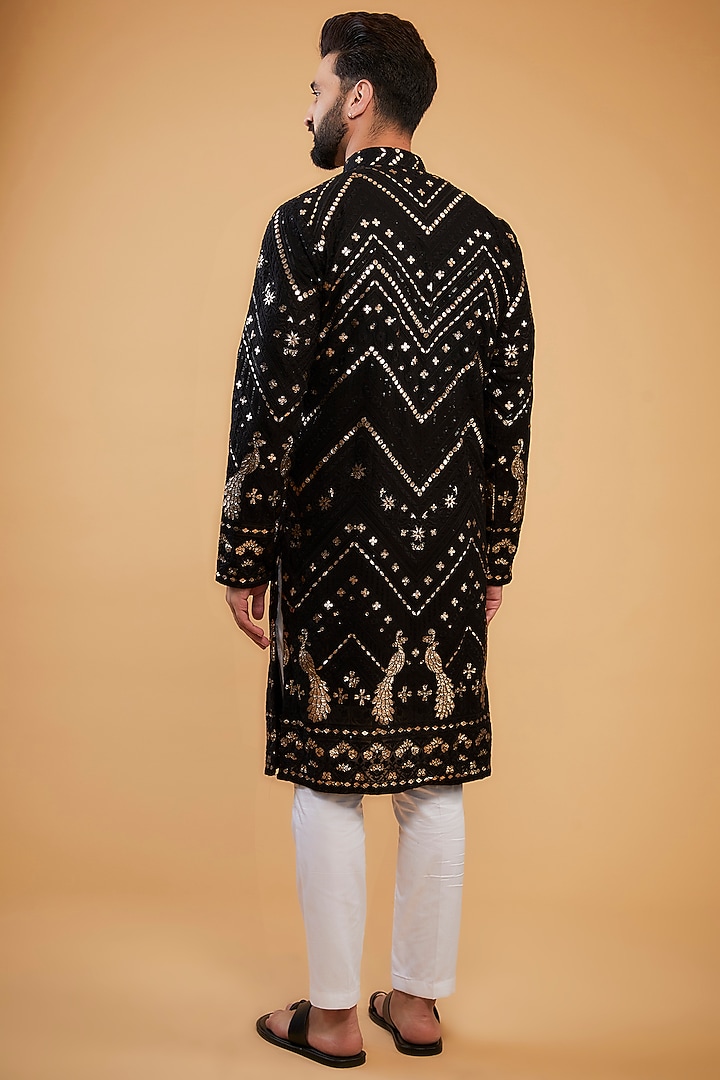 Black Georgette Floral Thread Work Kurta by Kasbah Clothing at Pernia's Pop Up Shop